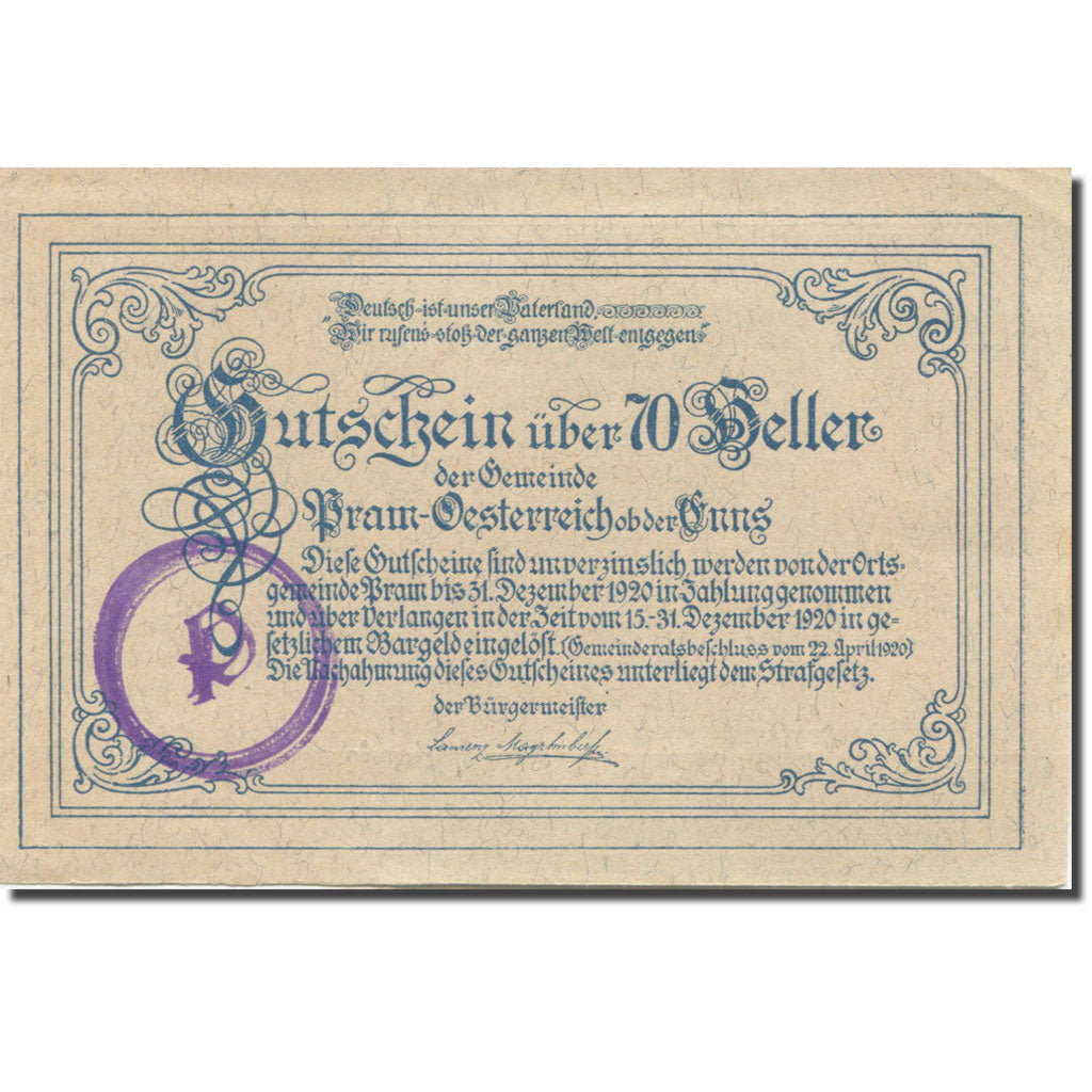Banknote, Austria, Pram, 70 Heller, Maison 1920-12-31, UNC(63), Mehl:FS 778a