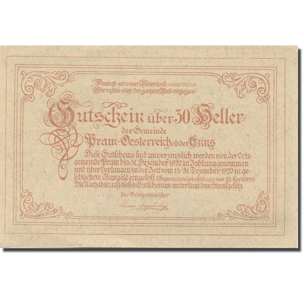 Banknote, Austria, Pram, 30 Heller, Eglise 1920-12-31, UNC(63), Mehl:FS 778a