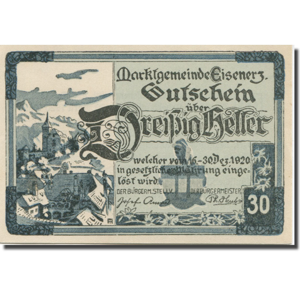 Banknote, Austria, Eisenerz, 30 Heller, village, 1920 UNC(63) Mehl:FS 169