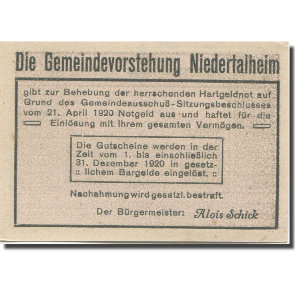 Banknote, Austria, Niederthalheim, 10 Heller, paysage, 1920 UNC(63) Mehl:FS 672b
