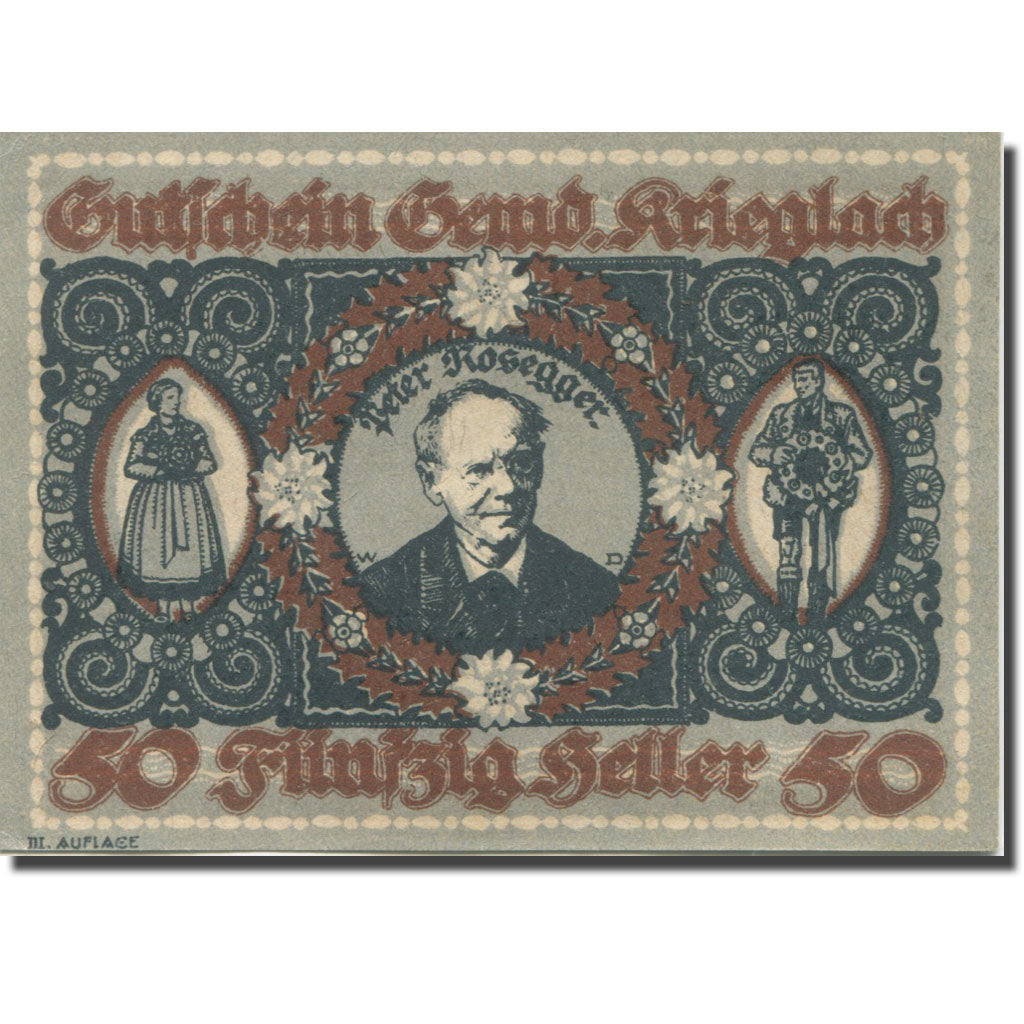 Banknote, Austria, Krieglach, 50 Heller, personnage, 1920 UNC(63) Mehl:FS 480e