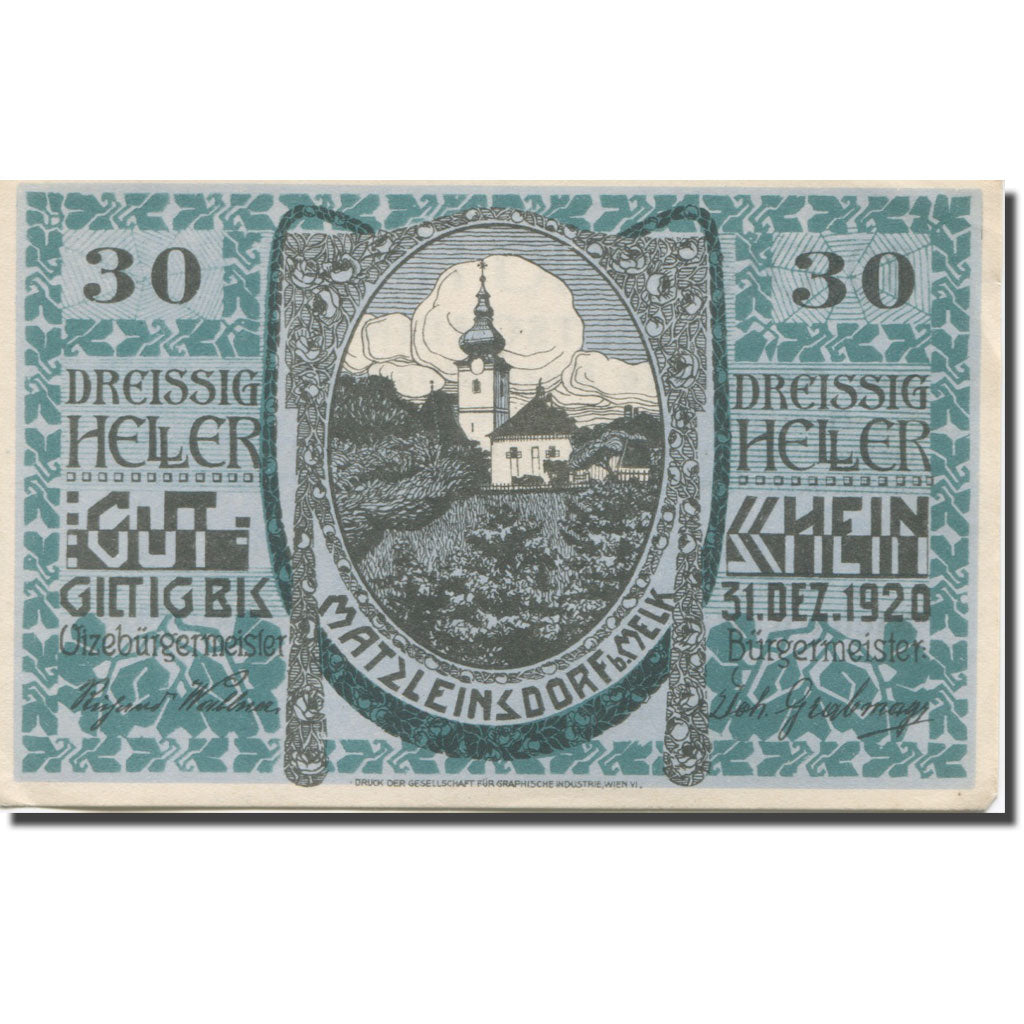 Banknote, Austria, MATZLEINSDORF, 30 Heller, Eglise 1, 1920 UNC(63), Mehl:FS 597