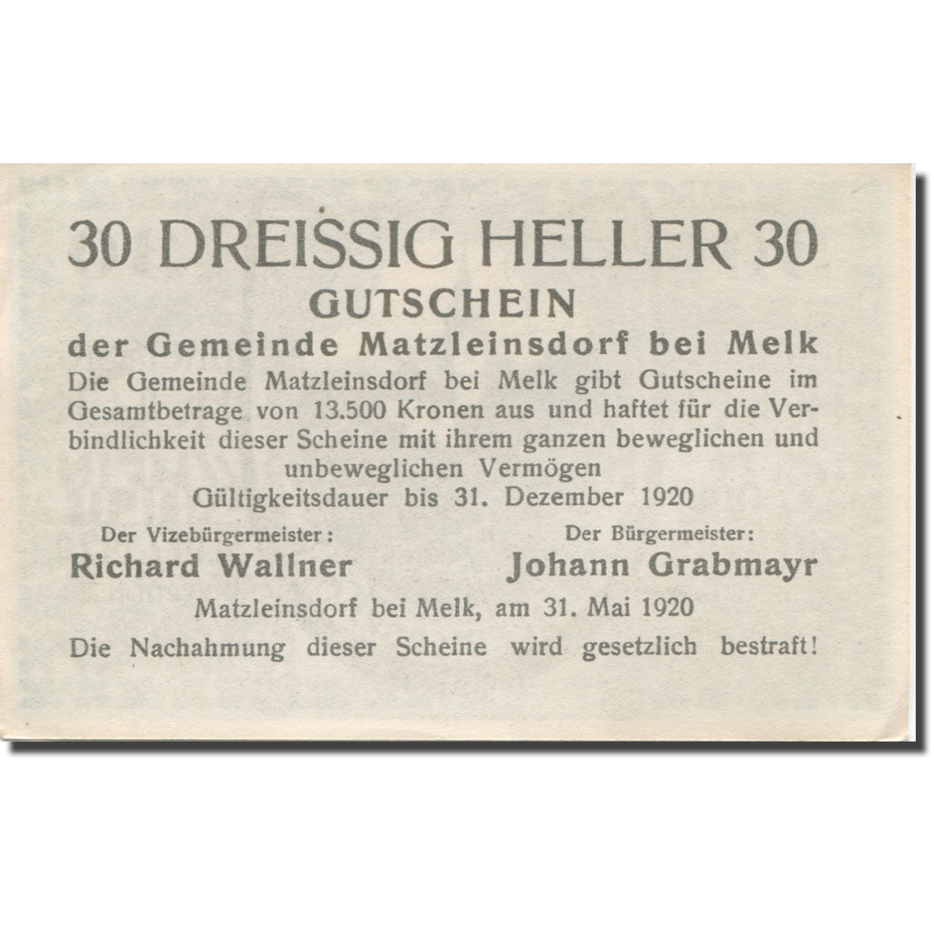 Banknote, Austria, MATZLEINSDORF, 30 Heller, Eglise 1, 1920 UNC(63), Mehl:FS 597
