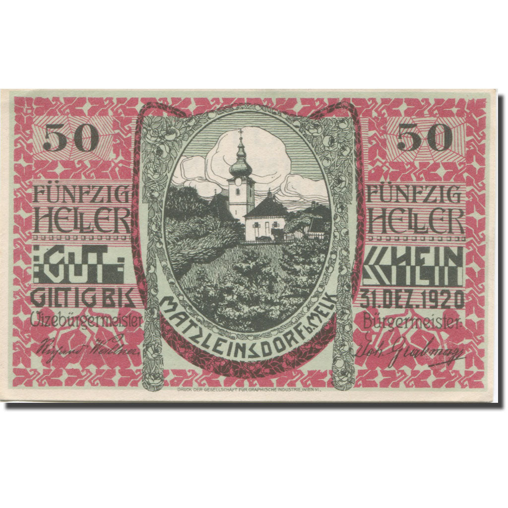 Banknote, Austria, MATZLEINSDORF, 50 Heller, église 2, 1920 UNC(63), Mehl:FS 597