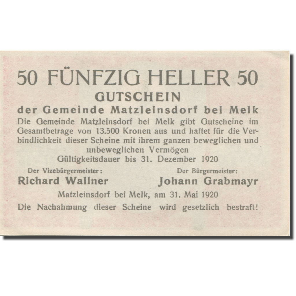Banknote, Austria, MATZLEINSDORF, 50 Heller, église 2, 1920 UNC(63), Mehl:FS 597