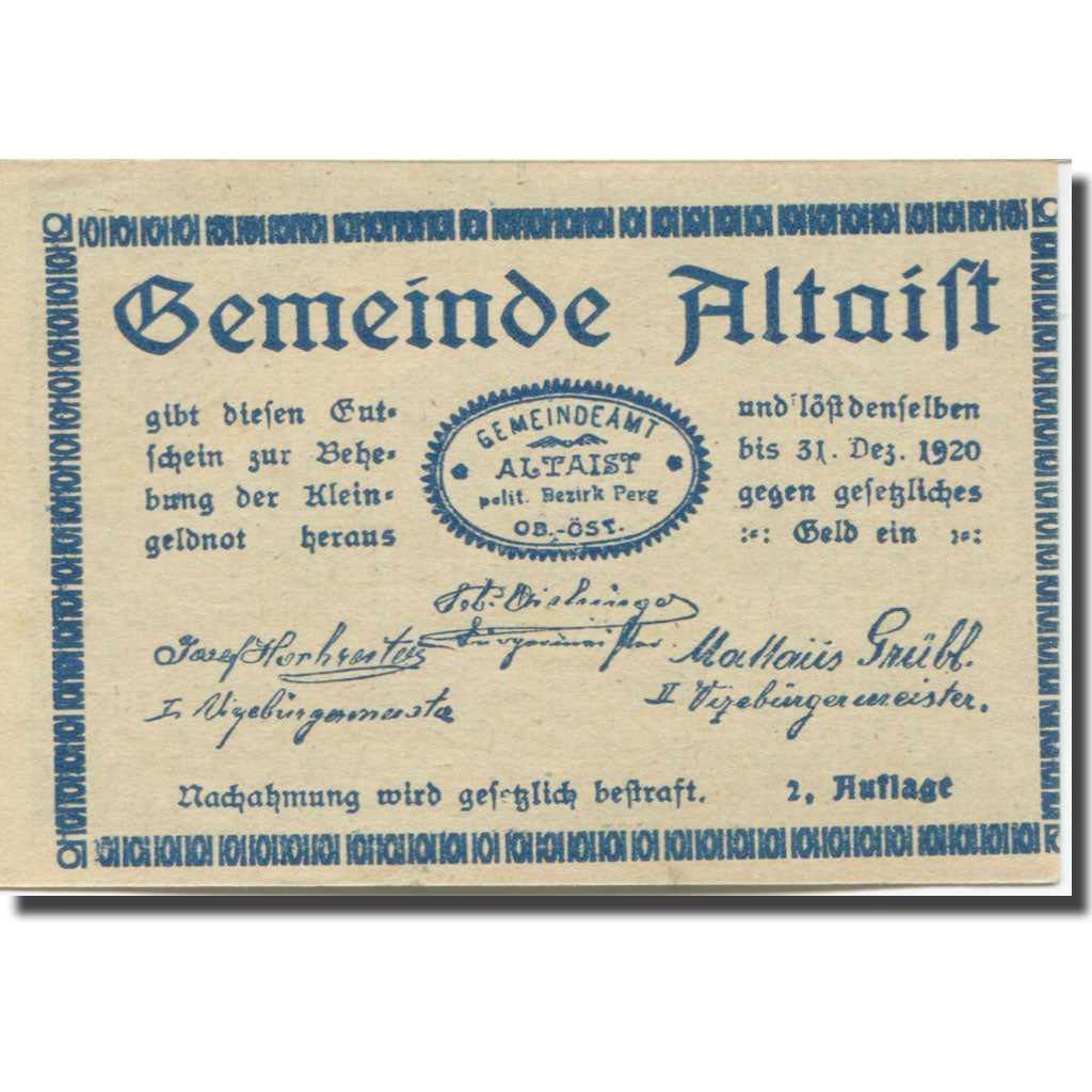 Banknote, Austria, Altaist, 50 Heller, ferme 1920-12-31, UNC(63), Mehl:FS 23b3