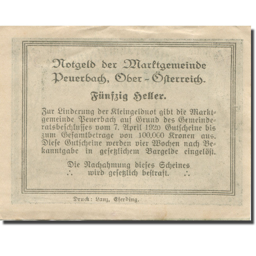 Banknote, Austria, Peuerbach, 50 Heller, paysage, 1920 AU(55-58) Mehl:FS 741Ia