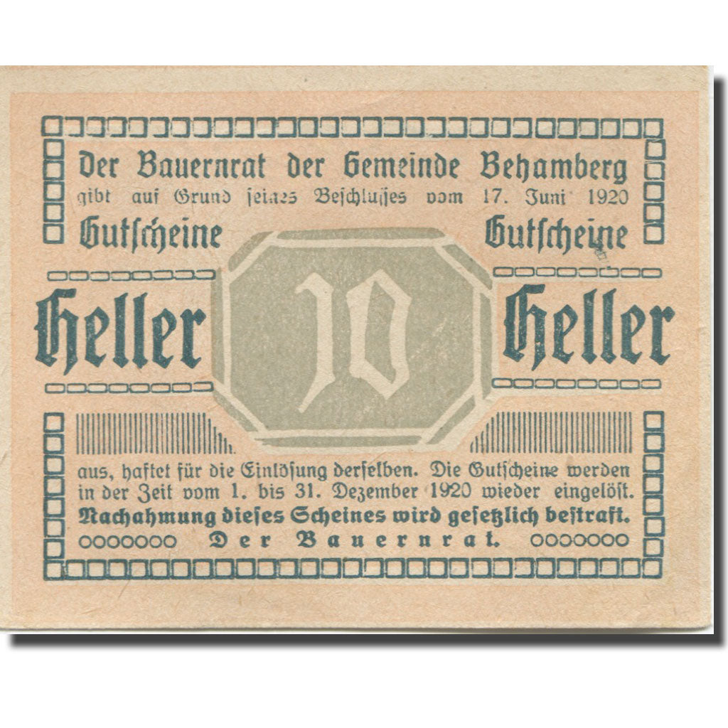 Banknote, Austria, Behamberg, 10 Heller, château, 1920 UNC(63) Mehl:FS 80a