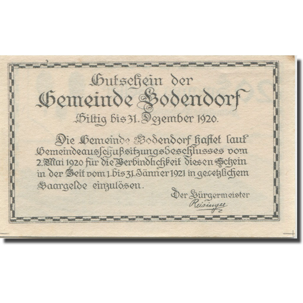 Banknote, Austria, Bodendorf, 20 Heller, château, 1921 UNC(63) Mehl:FS 96Ia