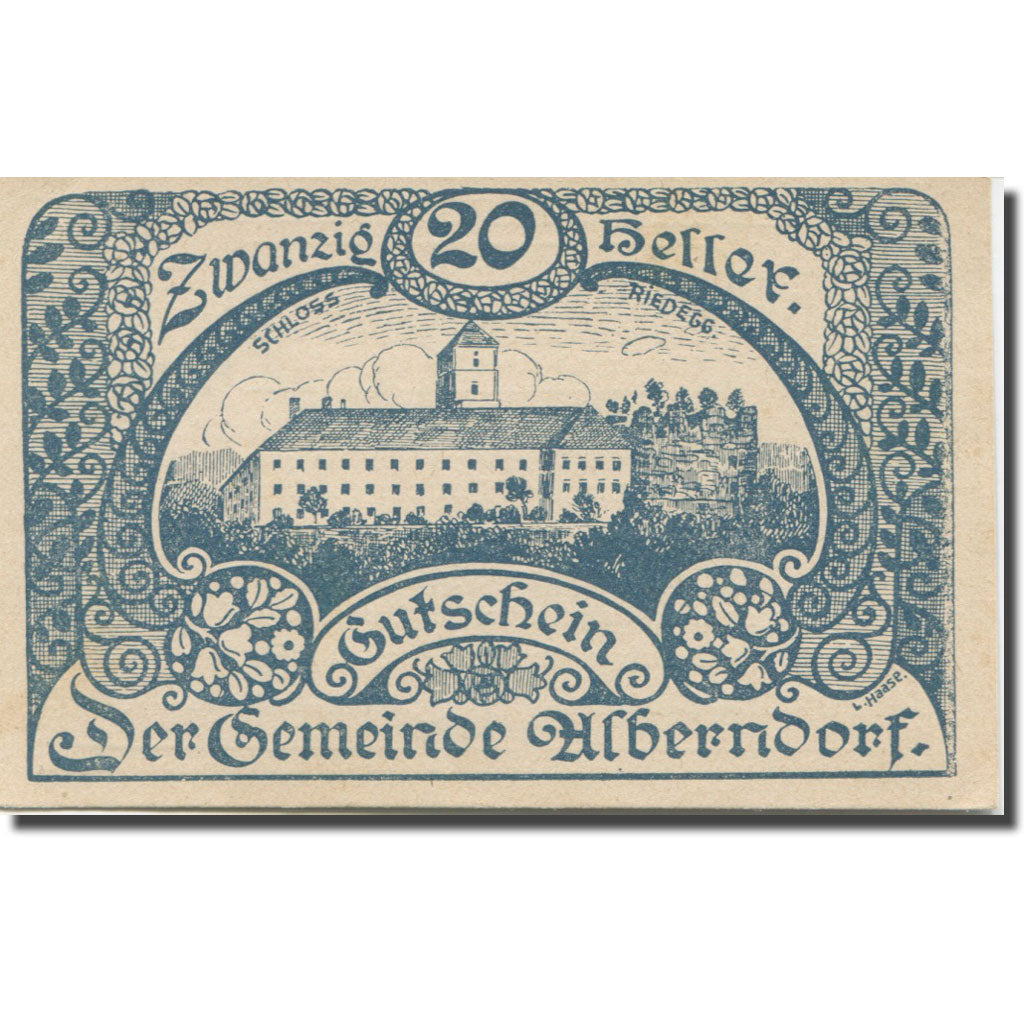 Banknote, Austria, Alberndorf, 20 Heller, château, 1920, UNC(63) Mehl:FS 17a1