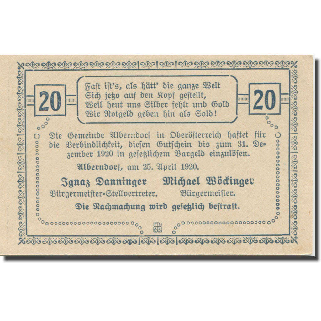 Banknote, Austria, Alberndorf, 20 Heller, château, 1920, UNC(63) Mehl:FS 17a1