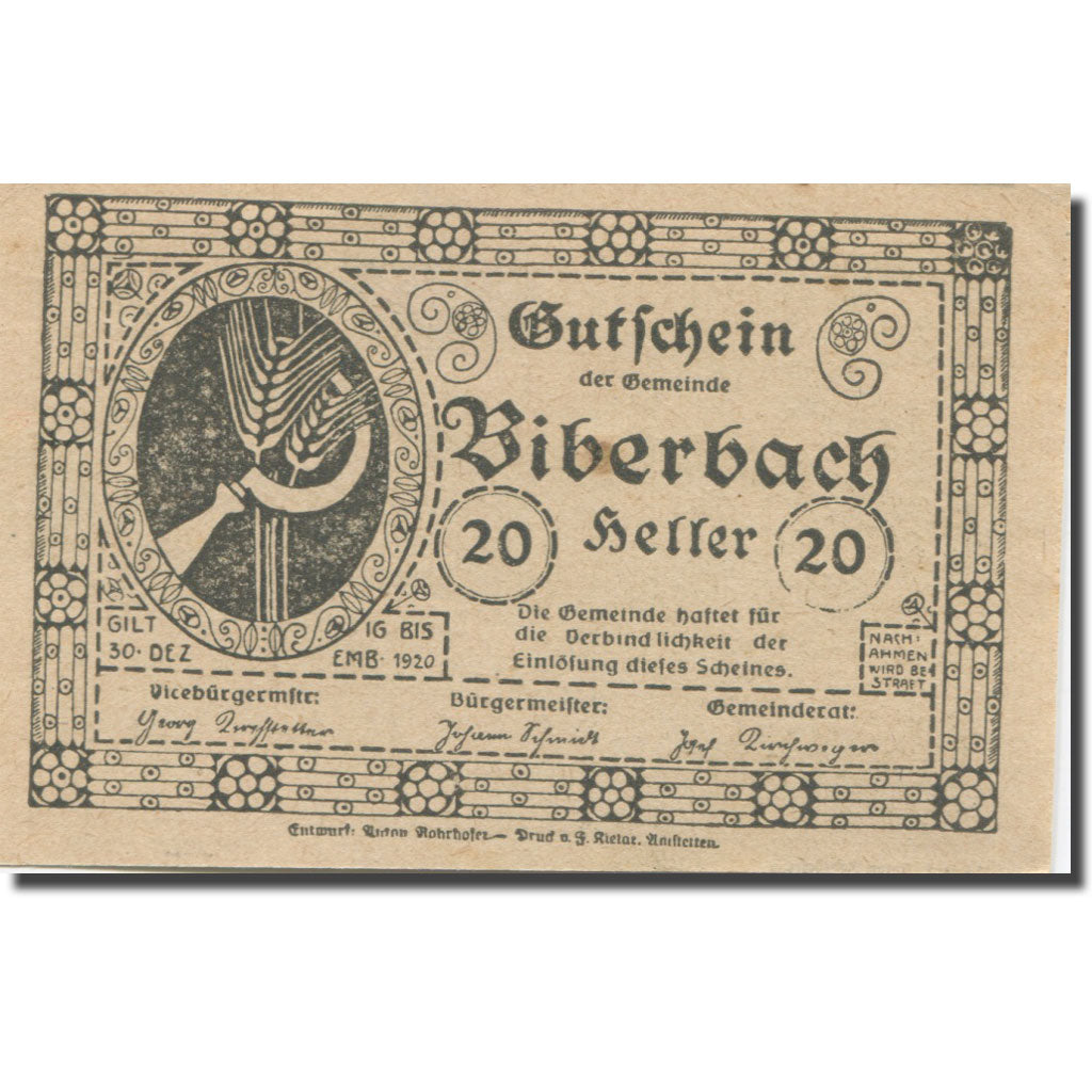 Banknote, Austria, Biberbach, 20 Heller, blé, 1920 UNC(63) Mehl:FS 86IIc