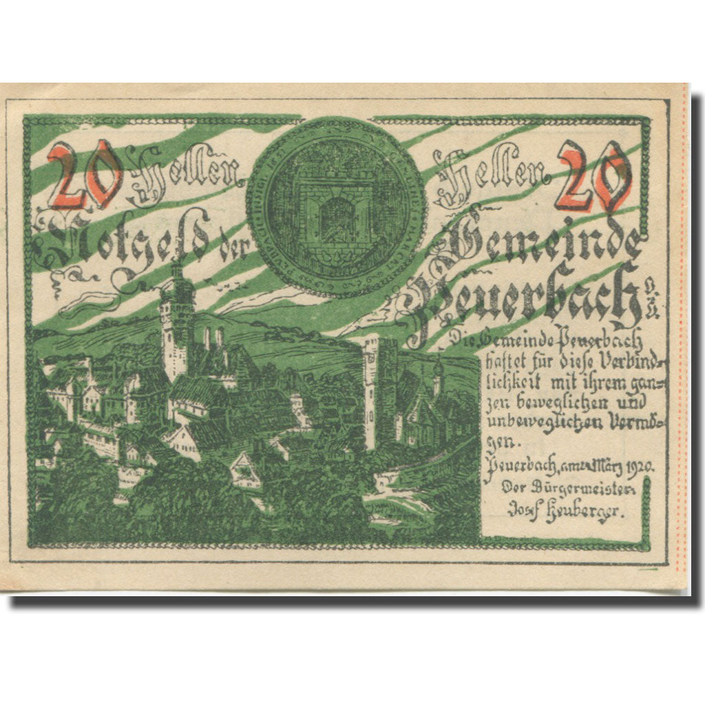 Banknote, Austria, Peuerbach, 20 Heller, château, 1920 UNC(63) Mehl:FS 741Ia