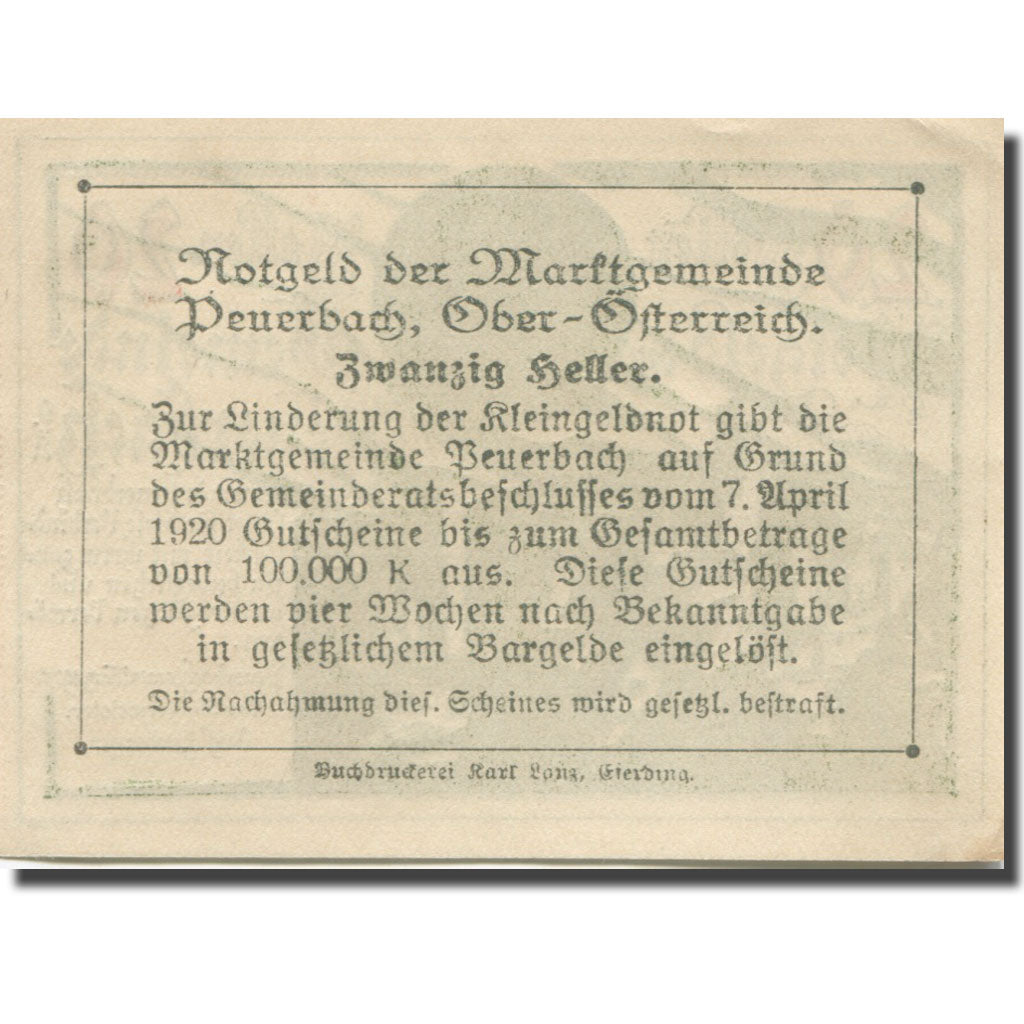 Banknote, Austria, Peuerbach, 20 Heller, château, 1920 UNC(63) Mehl:FS 741Ia