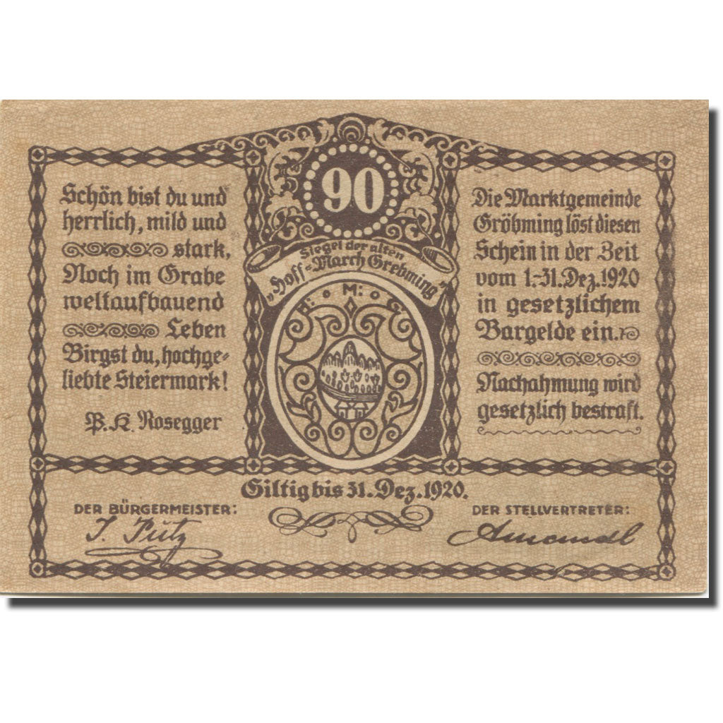Banknote, Austria, Gröbming, 90 Heller, montagne, 1920, UNC(63) Mehl:FS 289a