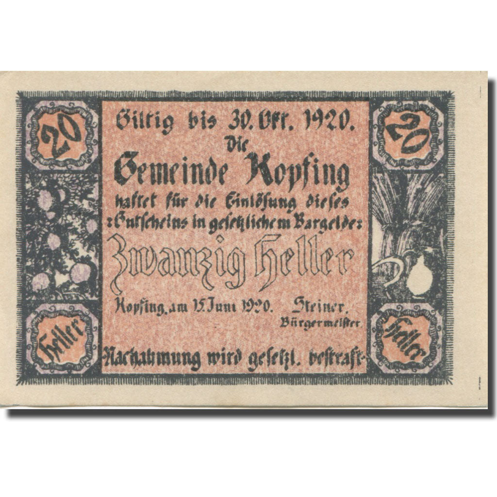 Banknote, Austria, Kopfing, 20 Heller, valeur faciale, 1920 UNC(63) Mehl:FS 465c