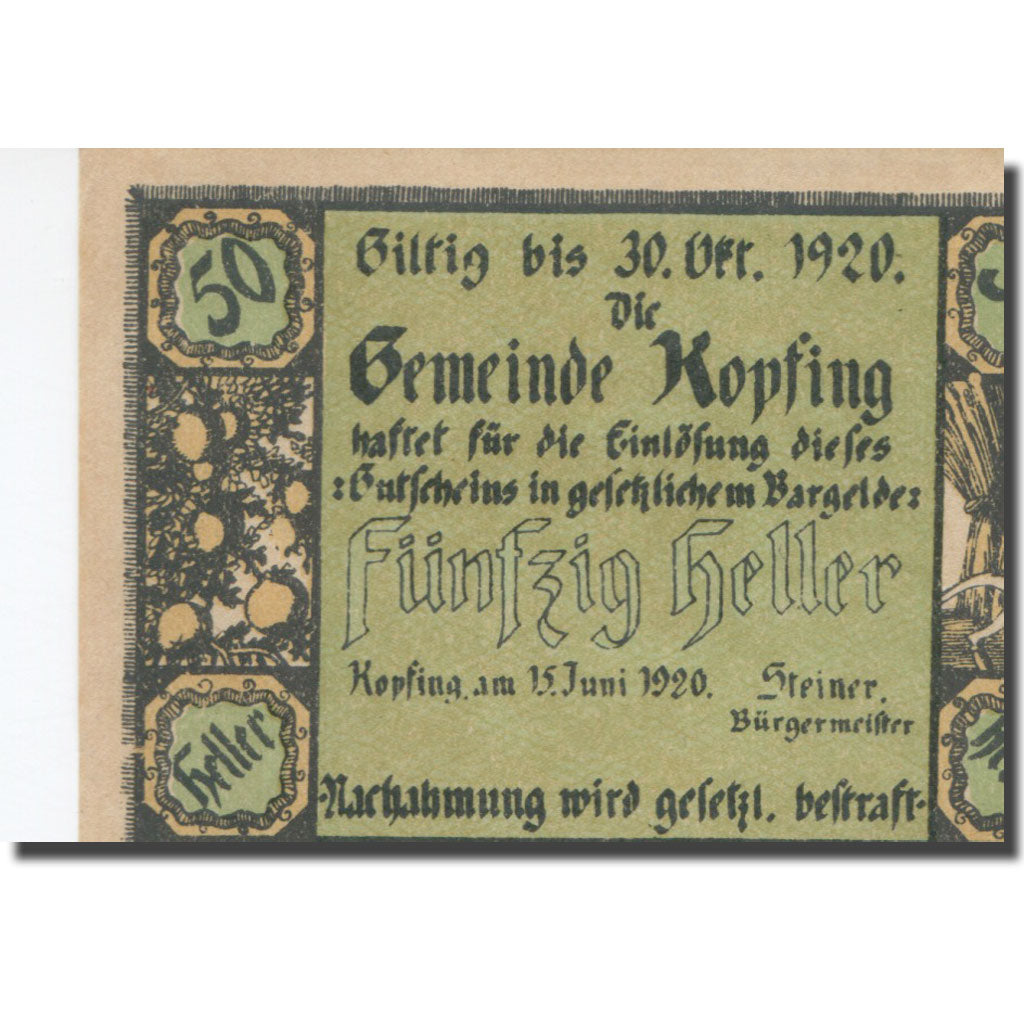 Billet, Autriche, Kopfing, 50 Heller, valeur faciale, 1920 SPL Mehl:FS 465c