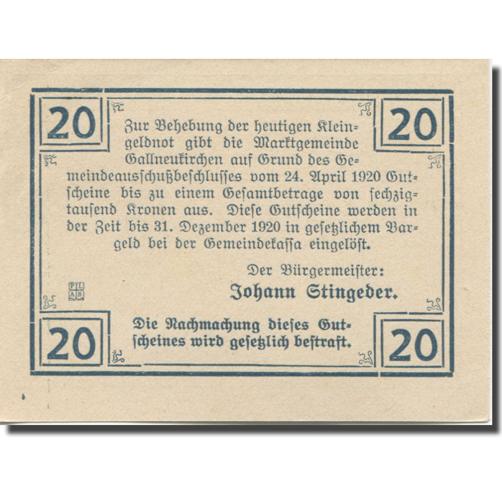 Banknote, Austria, Gallneukirchen, 20 Heller, village, 1920 UNC(63) Mehl:FS 218a