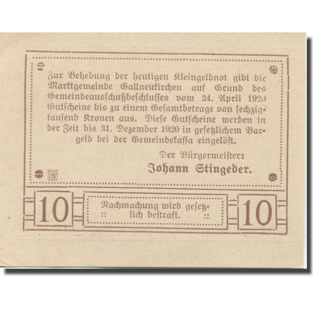 Banknote, Austria, Gallneukirchen, 10 Heller, château, 1920 UNC(63) Mehl:FS 218a