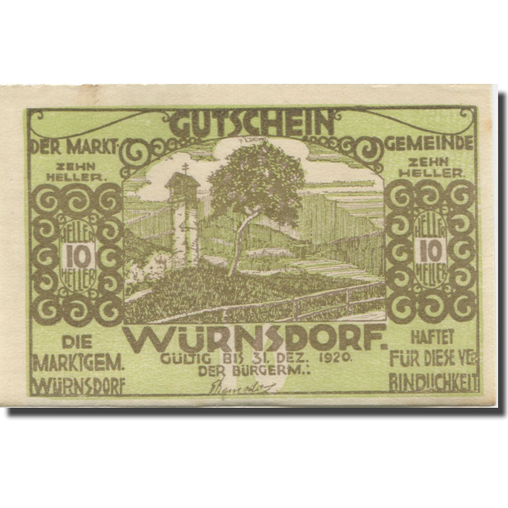 Banknote, Austria, Würnsdorf, 10 Heller, paysage, 1920 UNC(63)  Mehl:FS 1257IIa
