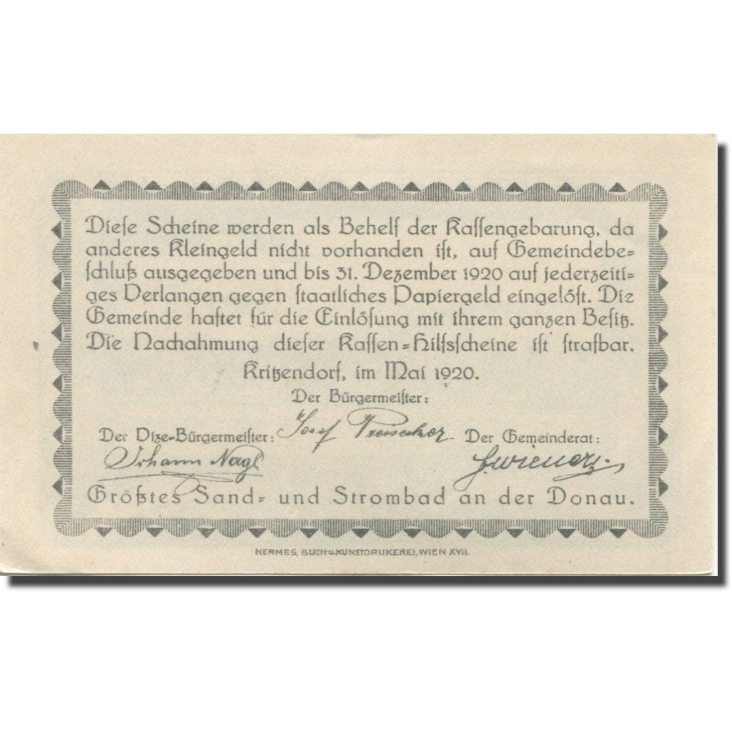Banconote, Austria, Kritzendorf, 50 Heller, fleuve, 1920 SPL Mehl:FS 484a