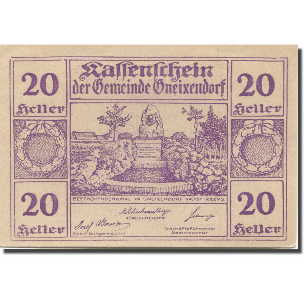 Banknote, Austria, Gneixendorf, 20 Heller, Monument, 1920 UNC(63) Mehl:FS 241Ic3