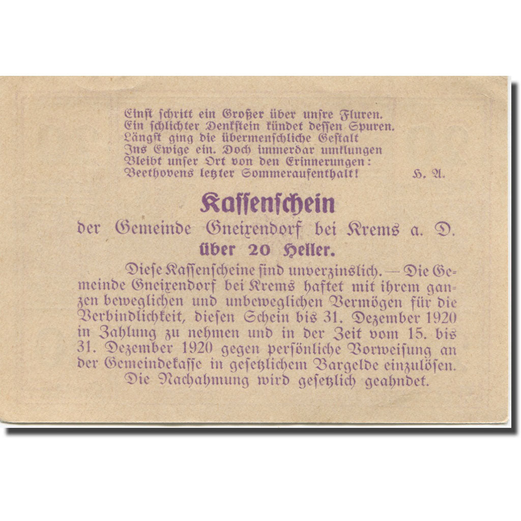 Banknote, Austria, Gneixendorf, 20 Heller, Monument, 1920 UNC(63) Mehl:FS 241Ic3