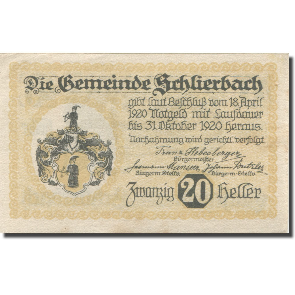 Banconote, Austria, Schlierbach, 20 Heller, château, 1920 SPL- Mehl:FS 962IIa
