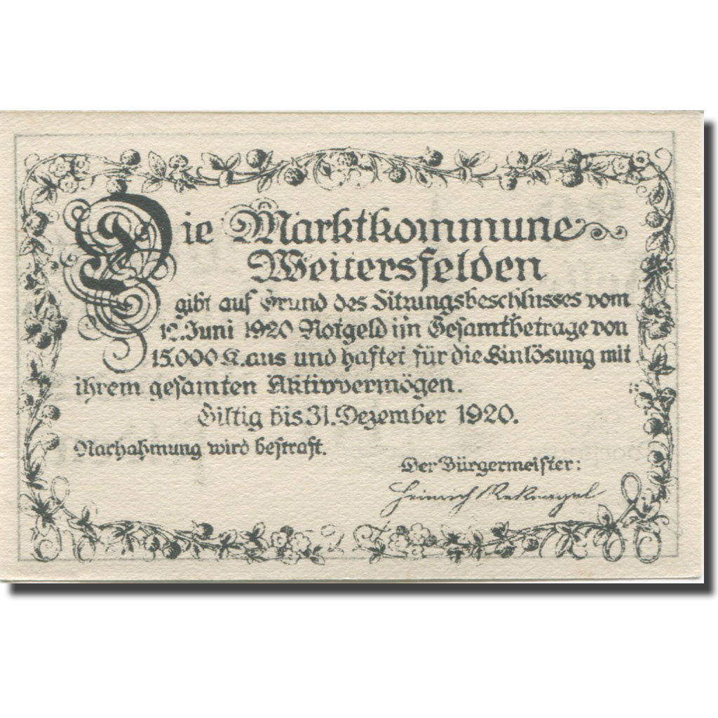 Banknote, Austria, Weitersfelden, 30 Heller, Eglise, 1920 UNC(63) Mehl:FS 1164a