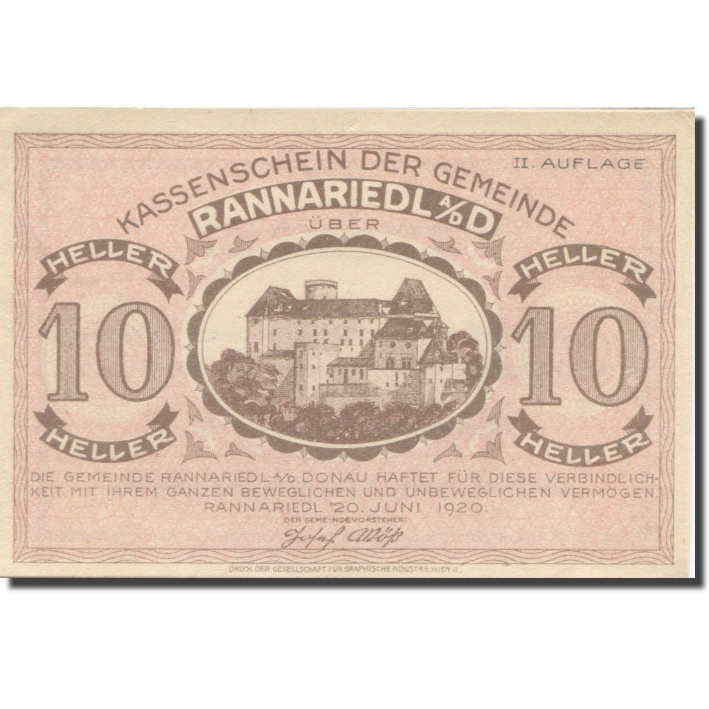 Banknote, Austria, Rannariedl, 10 Heller, château, 1920 UNC(63) Mehl:FS 818c
