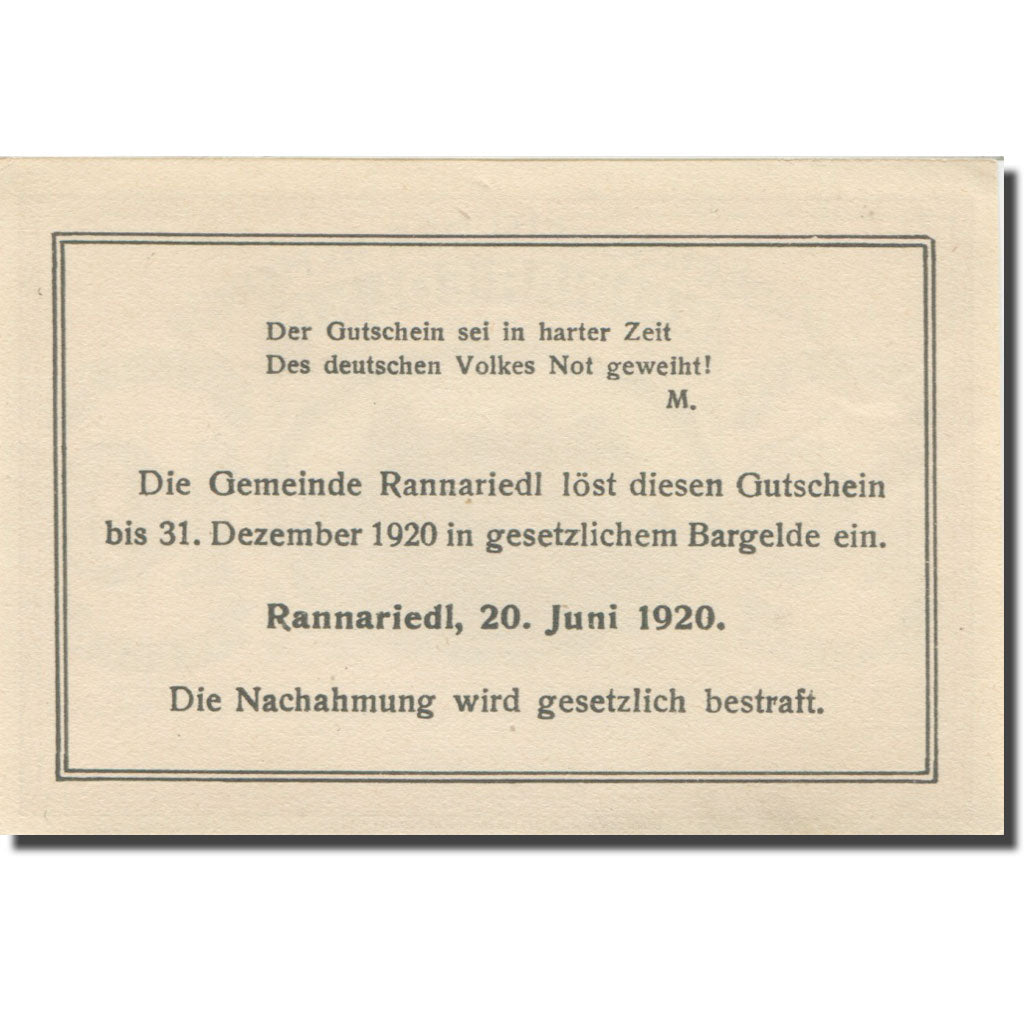 Banknote, Austria, Rannariedl, 10 Heller, château, 1920 UNC(63) Mehl:FS 818c