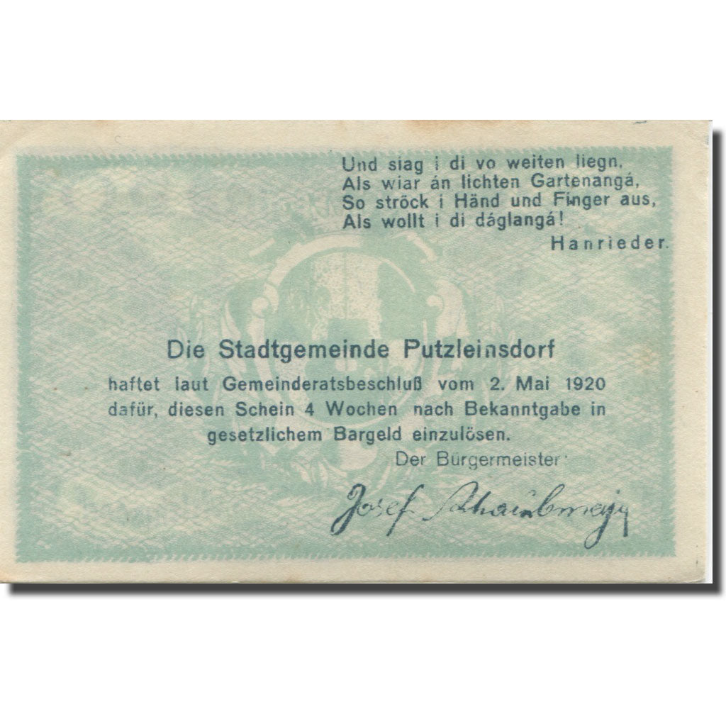 Banknote, Austria, Putzleinsdorf, 50 Heller, rue, UNC(63), Mehl:FS 804a