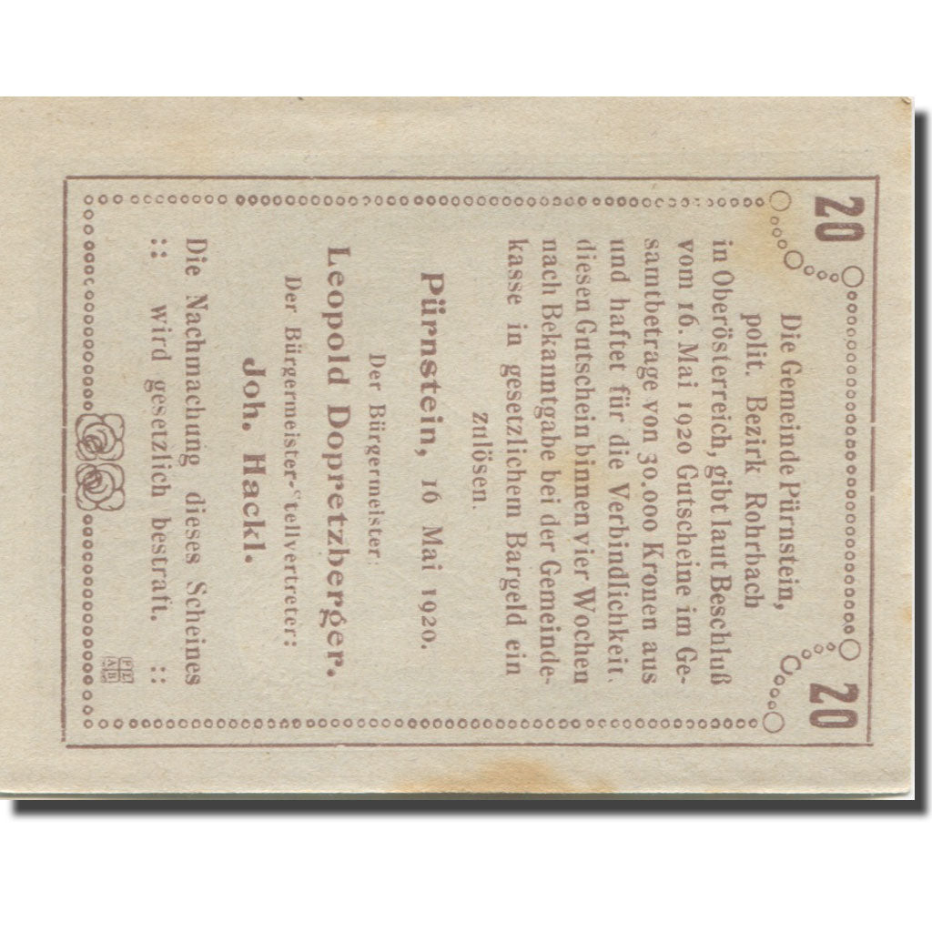 Banknote, Austria, Pürnstein, 20 Heller, Mine, AU(55-58), Mehl:FS 802a