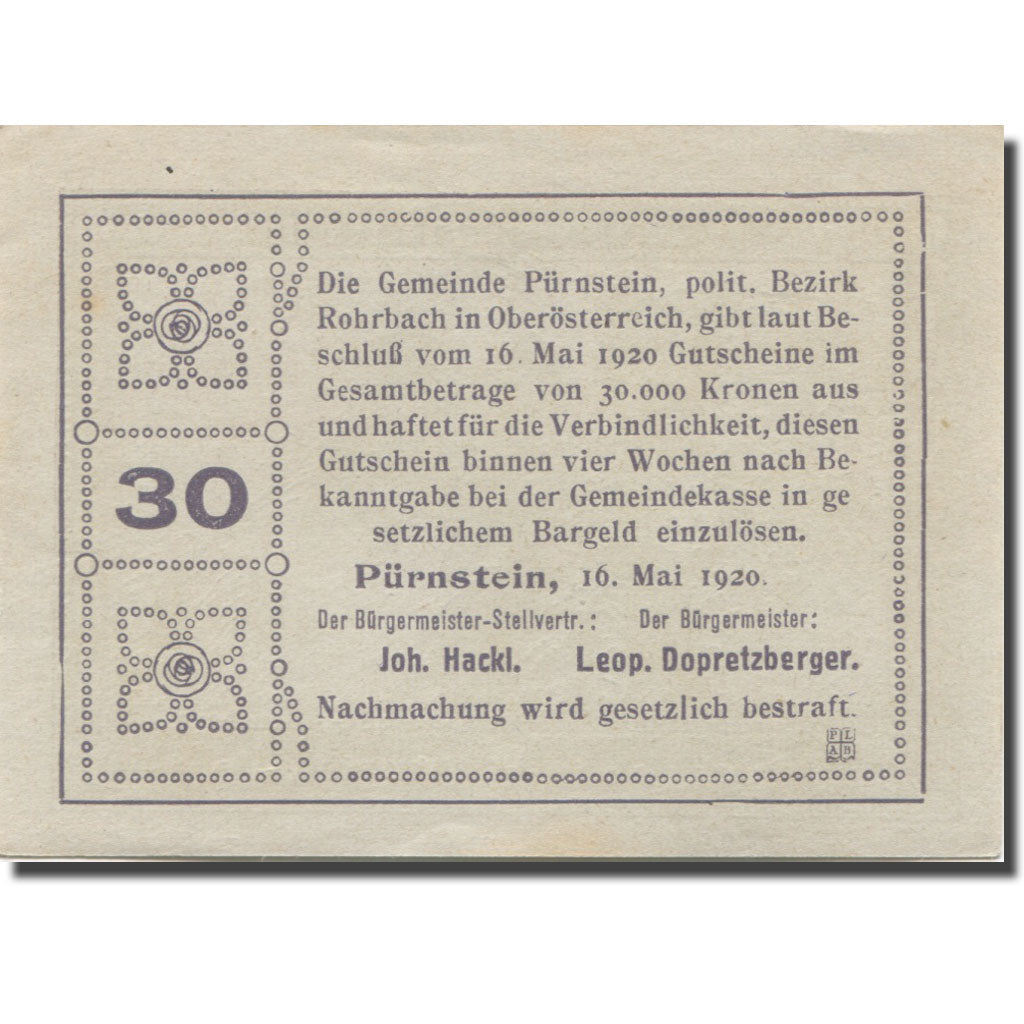 Banknote, Austria, Pürnstein, 30 Heller, monastère, UNC(63), Mehl:FS 802a