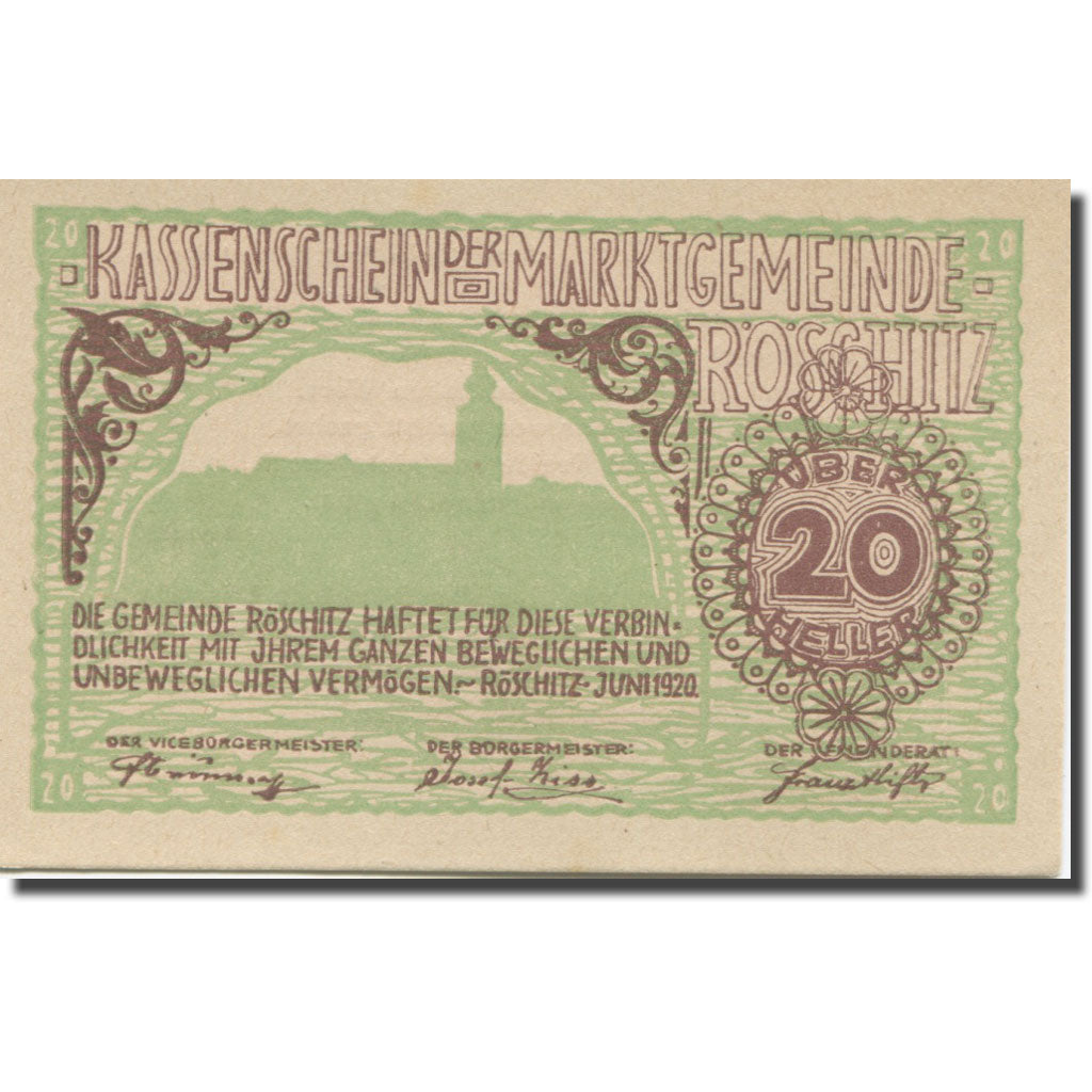 Banknote, Austria, Roschitz, 20 Heller, village, 1920 UNC(63) Mehl:FS 844