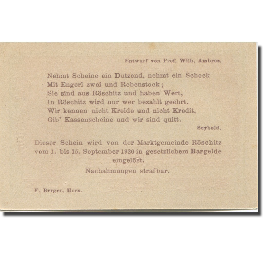 Banknote, Austria, Roschitz, 20 Heller, village, 1920 UNC(63) Mehl:FS 844
