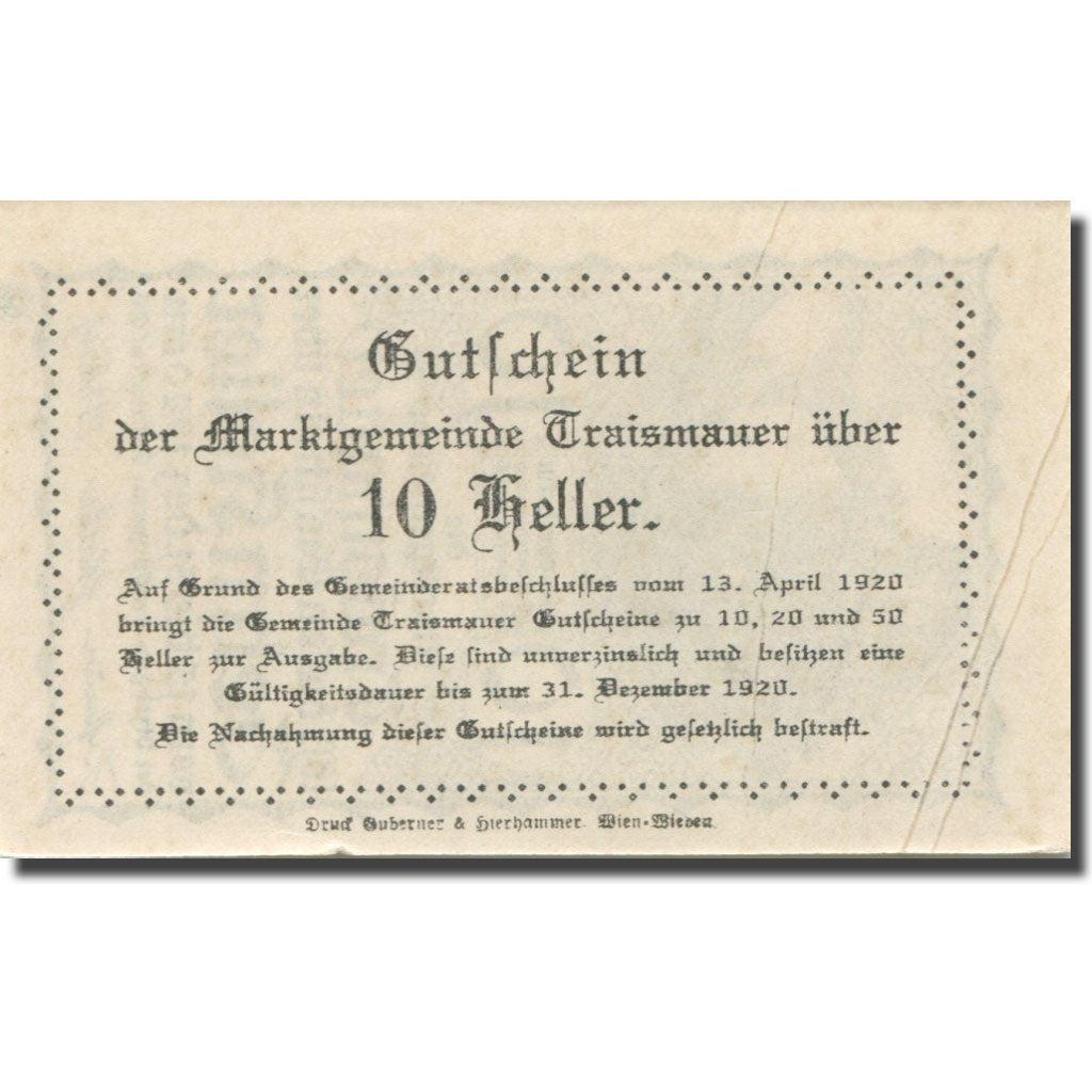 Banknote, Austria, Traismauer, 10 Heller, manoir, 1920 UNC(63) Mehl:FS 1078II