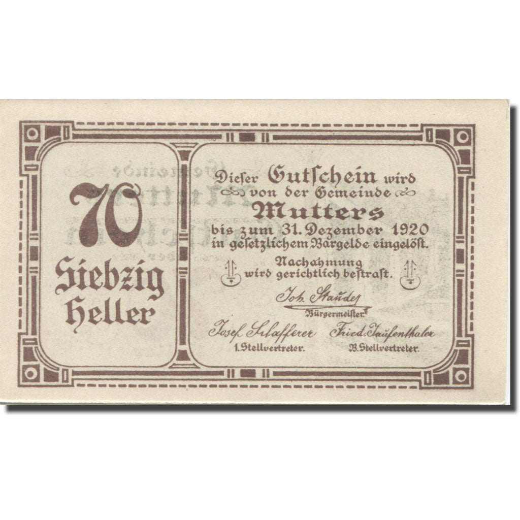 Banknote, Austria, Mutters, 70 Heller, pont 1920-12-31, UNC(63), Mehl:FS 641a