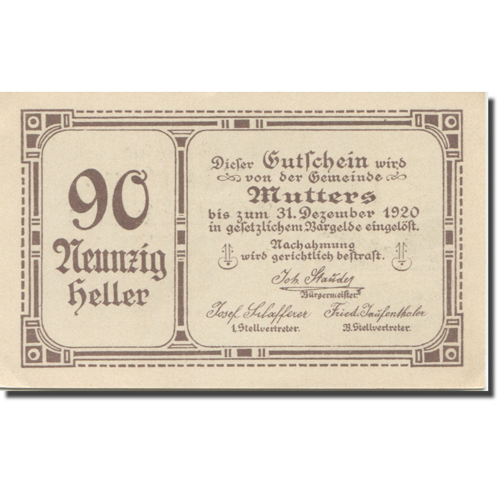 Banknote, Austria, Mutters, 90 Heller, Eglise, 1920 UNC(63) Mehl:FS 641a