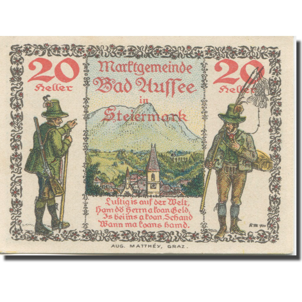 Banknote, Austria, Bad Aussee, 20 Heller, montagne, 1920 UNC(63) Mehl:FS 73