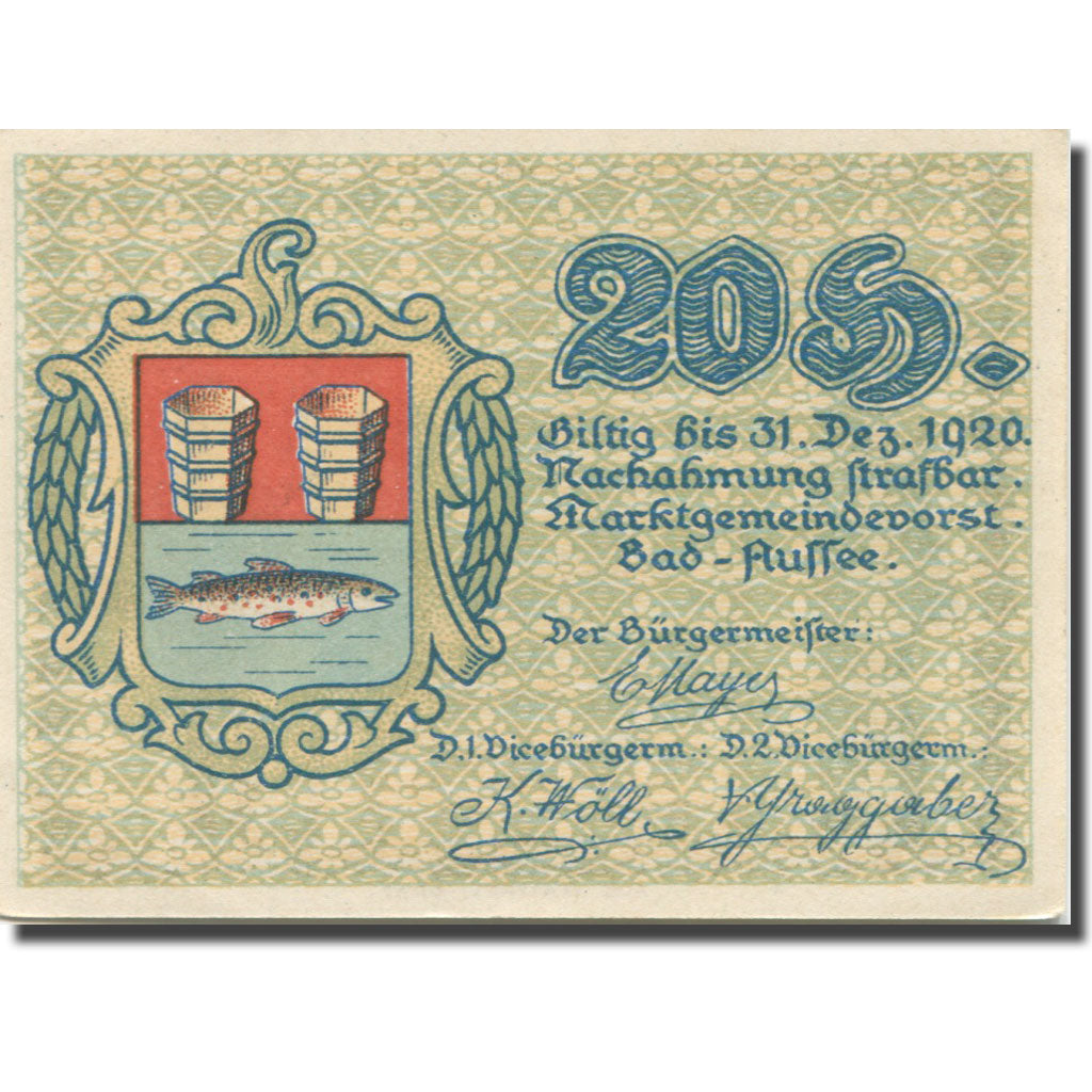 Banknote, Austria, Bad Aussee, 20 Heller, montagne, 1920 UNC(63) Mehl:FS 73