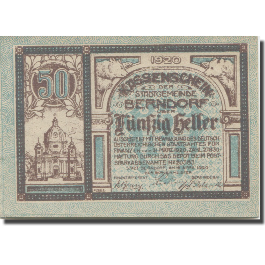 Banknote, Austria, Berndorf, 50 Heller, château, 1920 UNC(63) Mehl:FS 583a