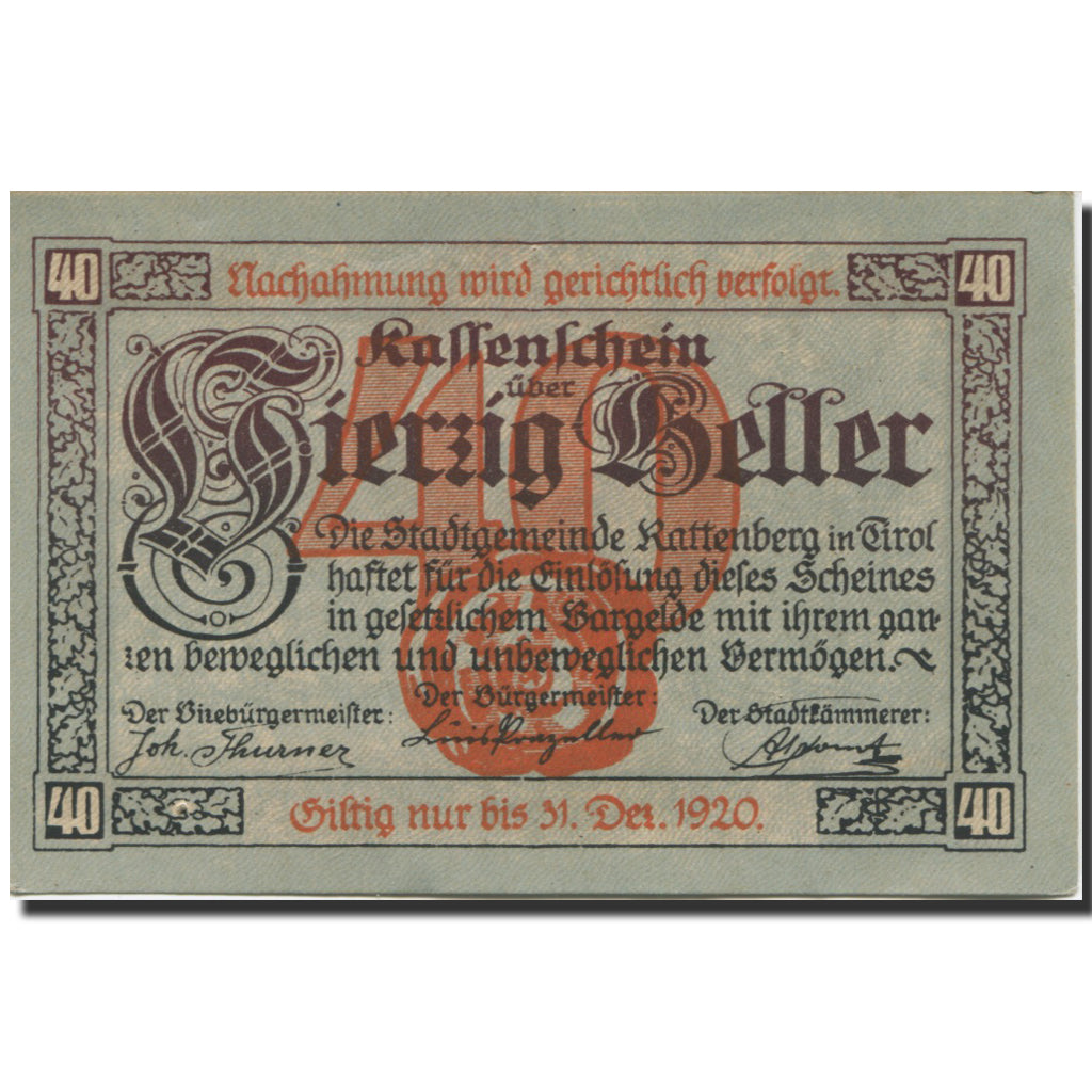 Banknote, Austria, Rattenberg, 40 Heller, rue, 1920 UNC(63) Mehl:FS 821I