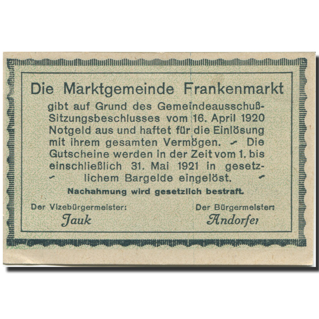 Banknote, Austria, Frankenmarkt, 50 Heller, Eglise, 1921 UNC(63) Mehl:FS 209a