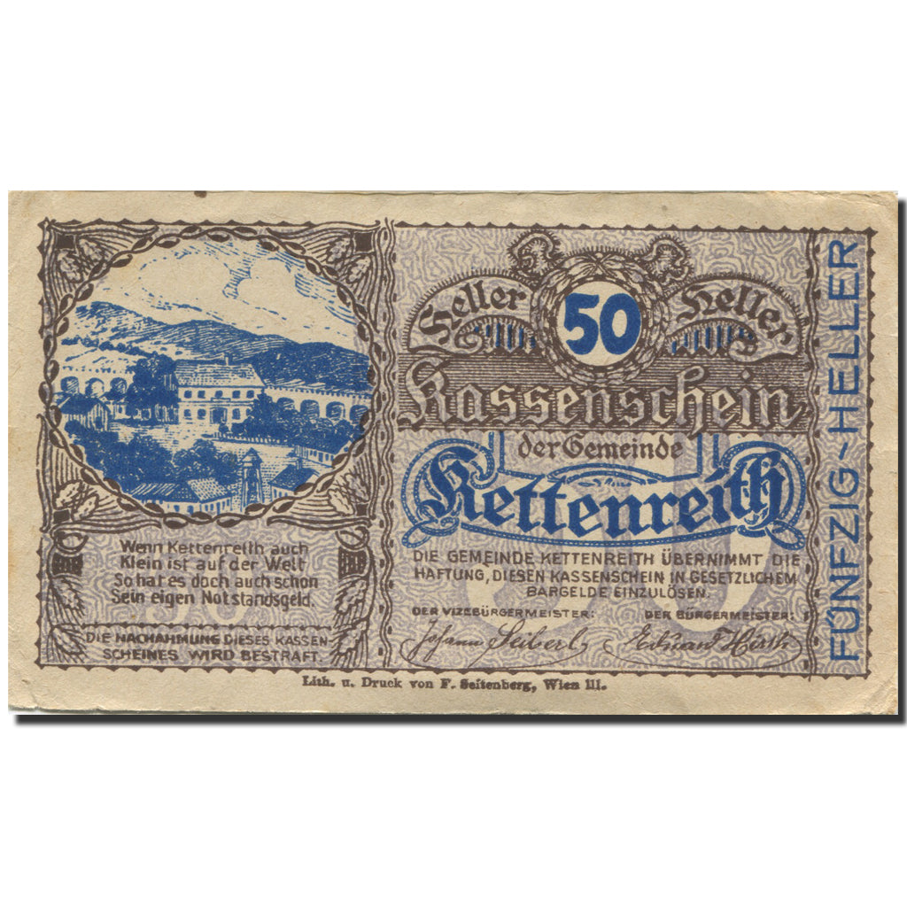 Banknote, Austria, Kettenreith, 50 Heller, paysage, EF(40-45), Mehl:FS 435a