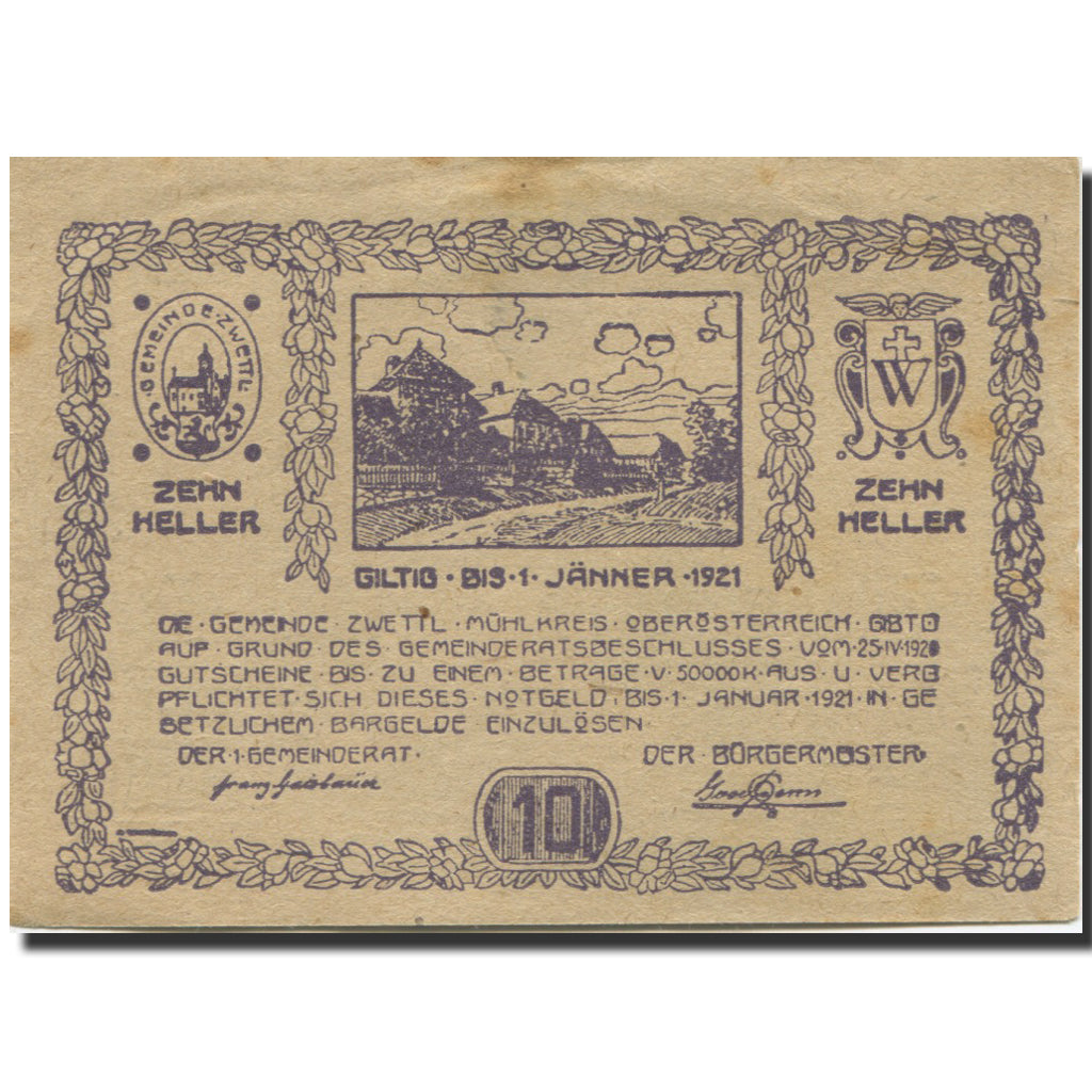 Banknote, Austria, Zwettl, 10 Heller, village, 1921 AU(50-53) Mehl:FS 1279a