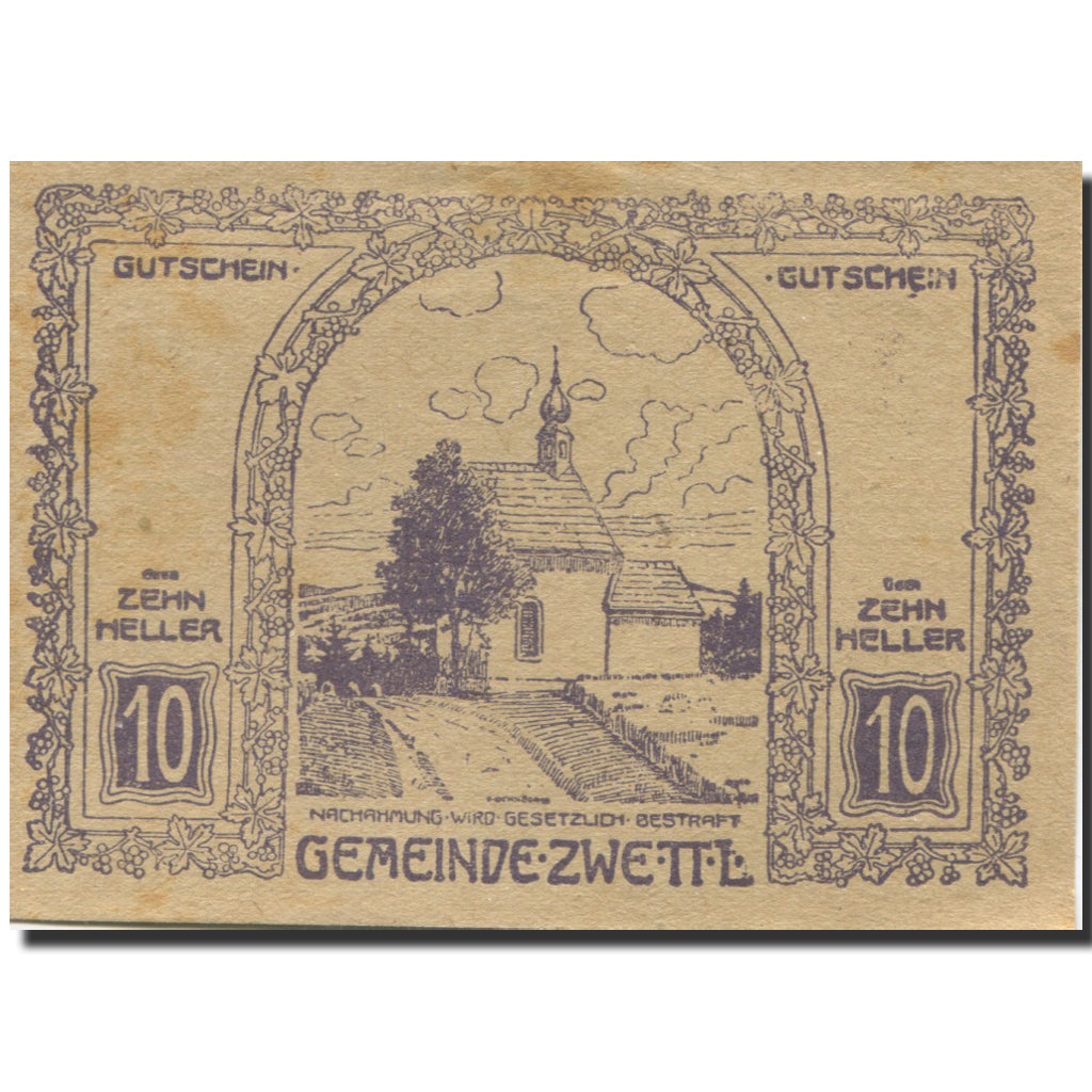 Banknote, Austria, Zwettl, 10 Heller, village, 1921 AU(50-53) Mehl:FS 1279a