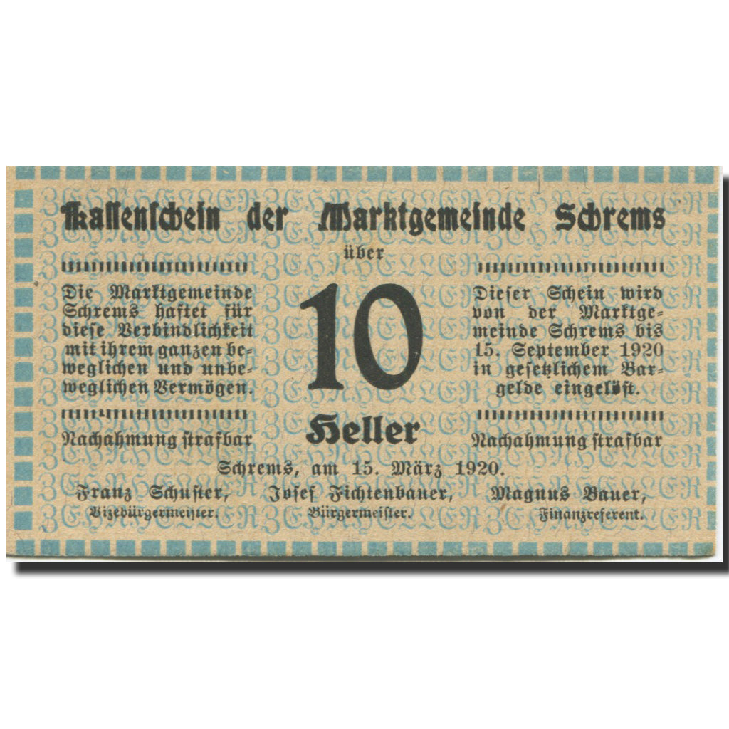 Banknote, Austria, Schrems, 10 Heller face value 1920 UNC(63) Mehl:FS 972Ib