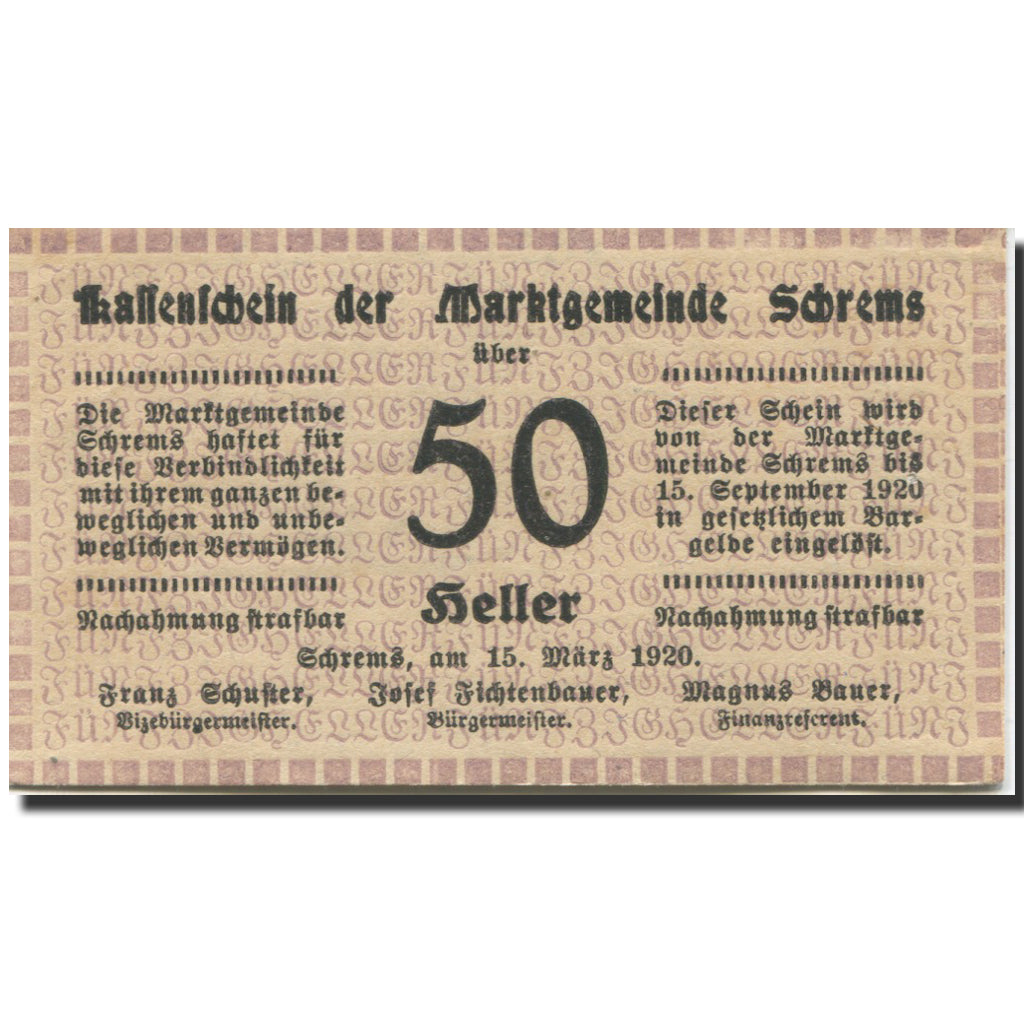 Banknote, Austria, Schrems, 50 Heller face value 1920 UNC(63) Mehl:FS 972Ib