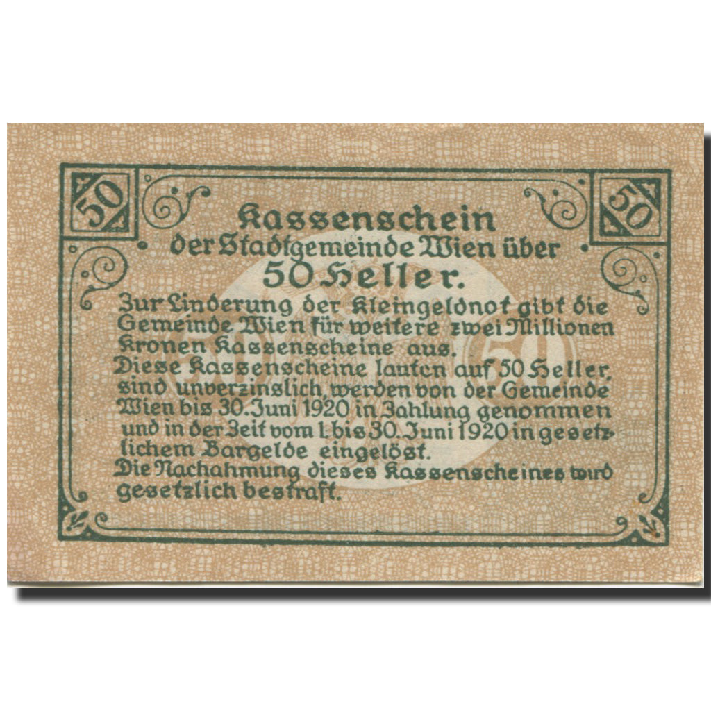 Banknote, Austria, Vienne, 50 Heller, château, 1920 UNC(63) Mehl:FS 1183IIAb